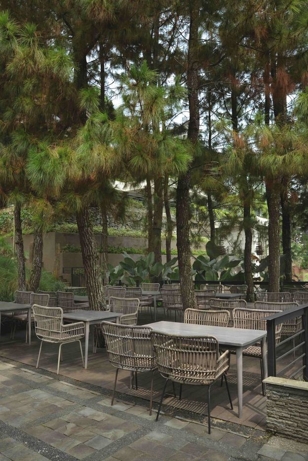 Sofa rotan di teras cafe VANA SHANKARA menghadap pepohonan