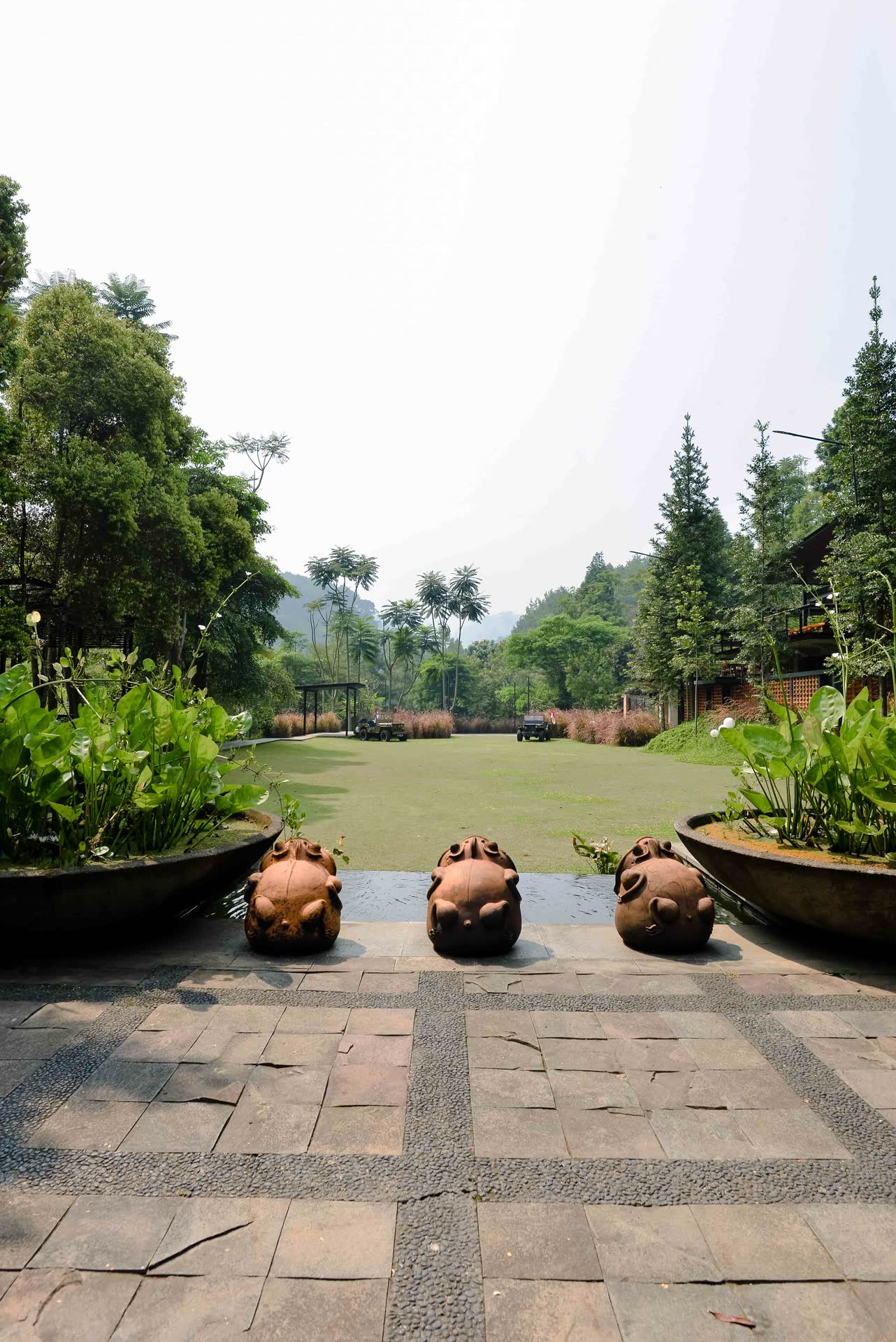 Tiga patung kura-kura batu di teras VANA SHANKARA menghadap halaman rumput dan perbukitan